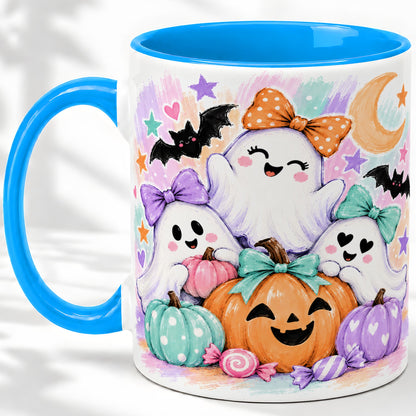 #pl[11oz|Blue] Pastel Halloween Ghost Accent Mug with Pumpkin Candy Art for Coffee