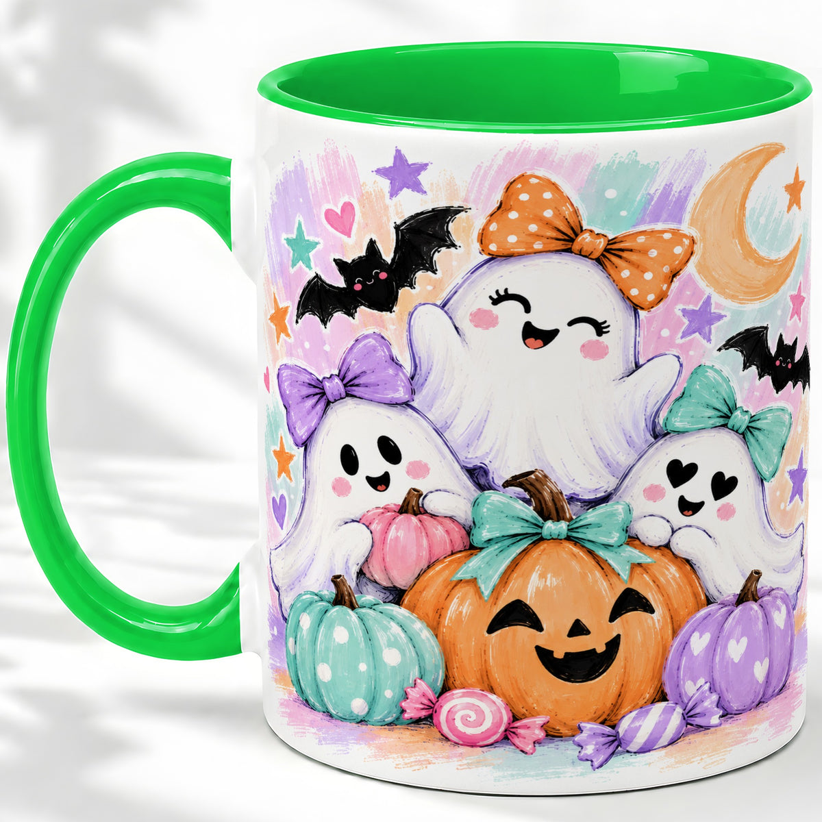 #pl[11oz|Green] Pastel Halloween Ghost Accent Mug with Pumpkin Candy Art for Coffee