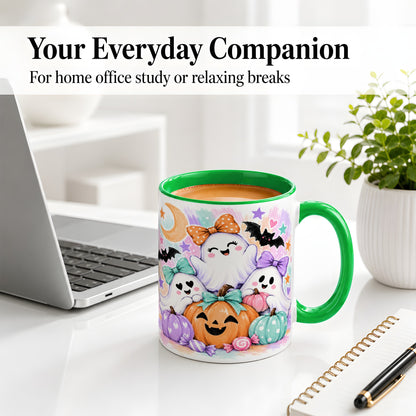 #pl[11oz|Green] Pastel Halloween Ghost Accent Mug with Pumpkin Candy Art for Coffee