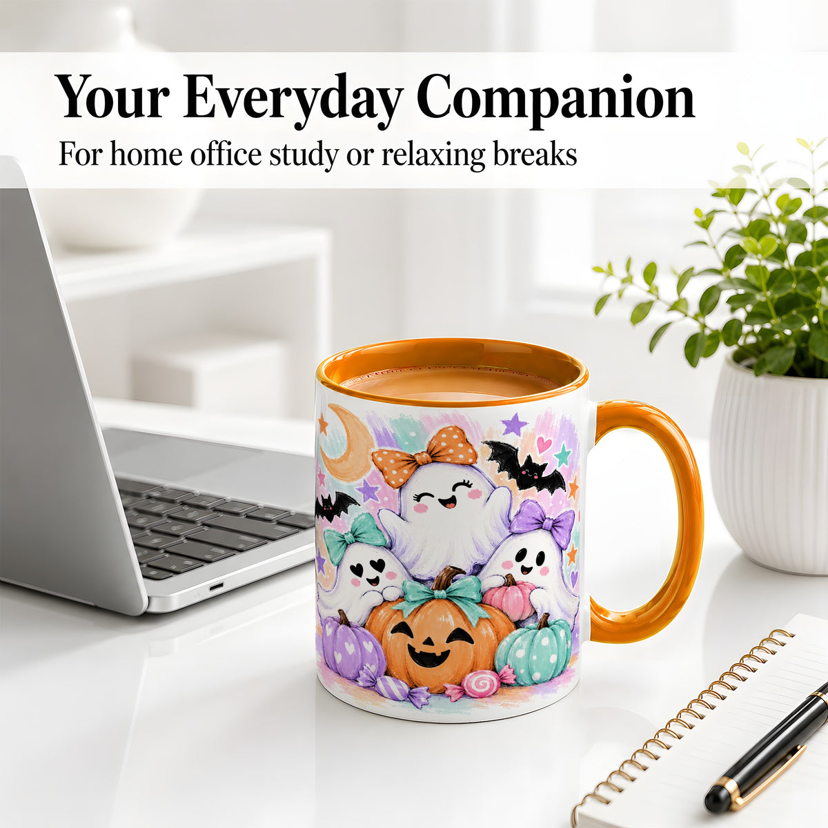 #pl[11oz|Orange] Pastel Halloween Ghost Accent Mug with Pumpkin Candy Art for Coffee