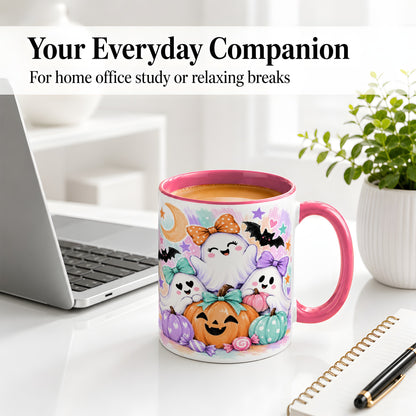 #pl[11oz|Pink] Pastel Halloween Ghost Accent Mug with Pumpkin Candy Art for Coffee