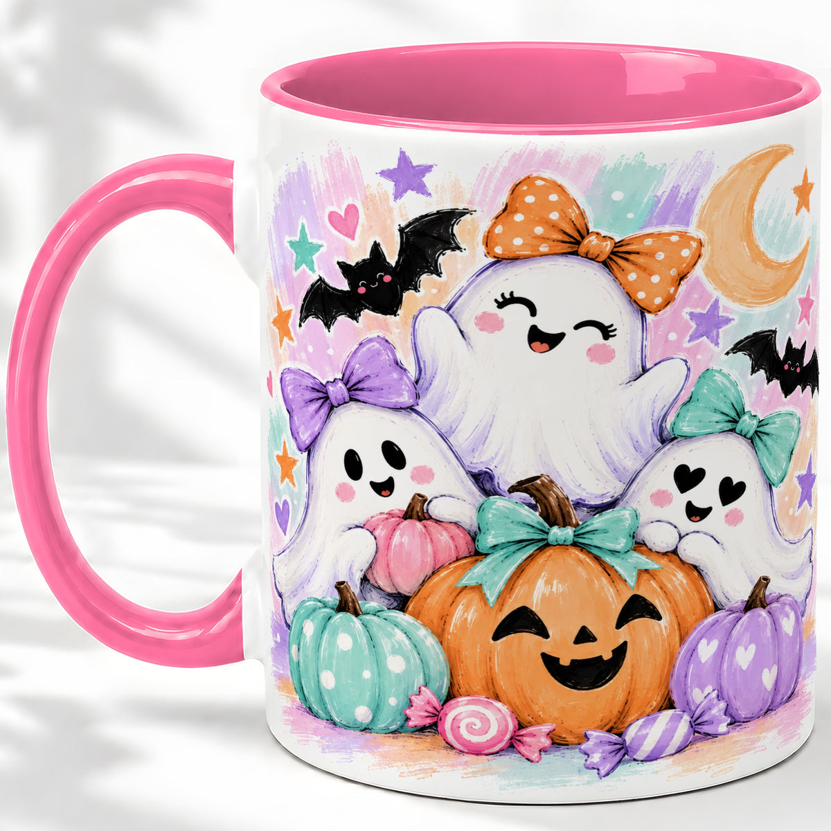 #pl[11oz|Pink] Pastel Halloween Ghost Accent Mug with Pumpkin Candy Art for Coffee