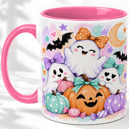 #pl[11oz|Pink] Pastel Halloween Ghost Accent Mug with Pumpkin Candy Art for Coffee