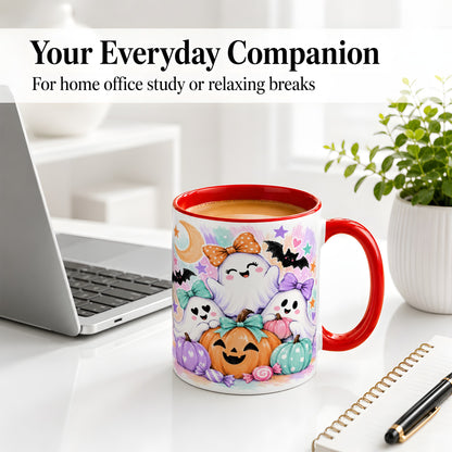 #pl[11oz|Red] Pastel Halloween Ghost Accent Mug with Pumpkin Candy Art for Coffee