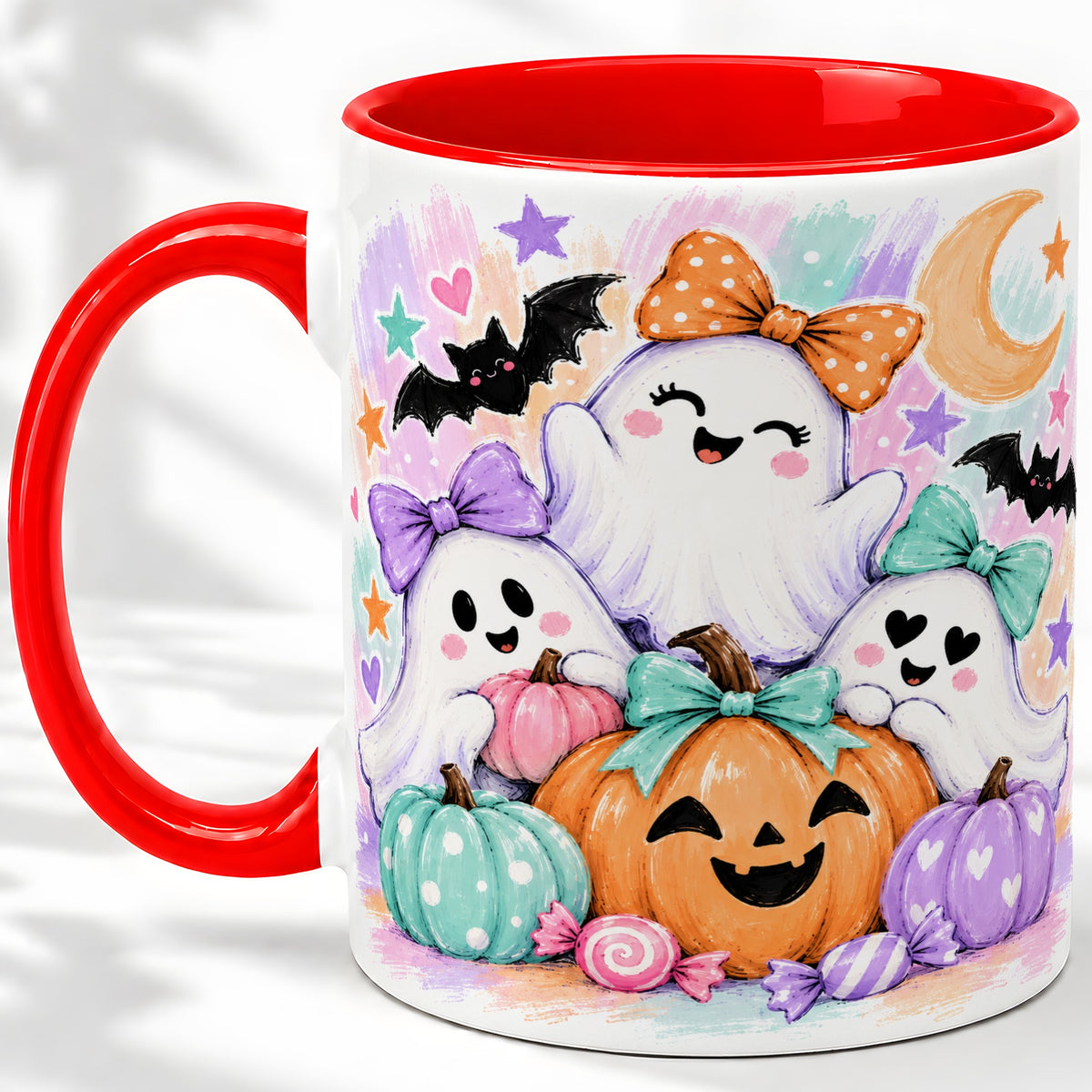 Pastel Halloween Ghost Accent Mug with Pumpkin Candy Art for Coffee