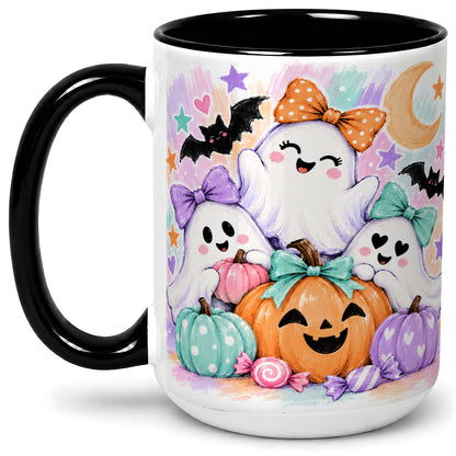 #pl[15oz|Black] Pastel Halloween Ghost Accent Mug with Pumpkin Candy Art for Coffee