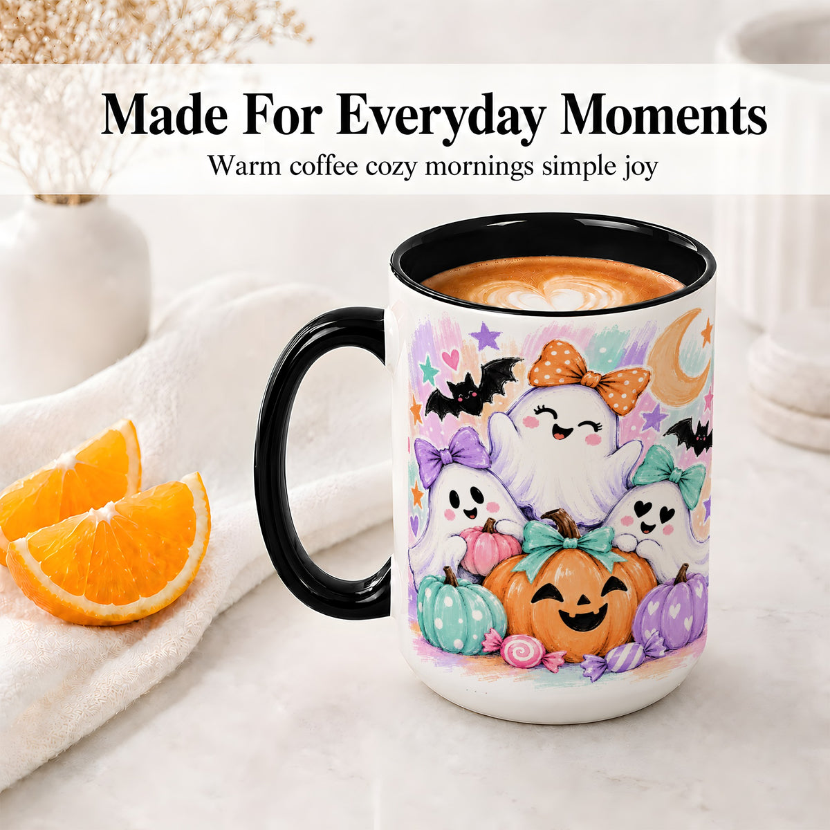 #pl[15oz|Black] Pastel Halloween Ghost Accent Mug with Pumpkin Candy Art for Coffee