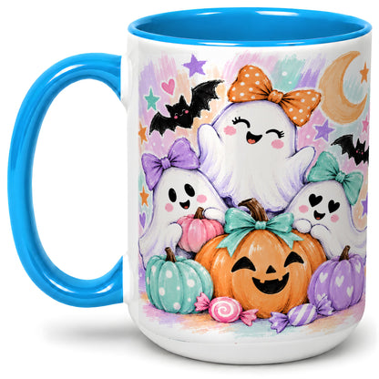#pl[15oz|Blue] Pastel Halloween Ghost Accent Mug with Pumpkin Candy Art for Coffee