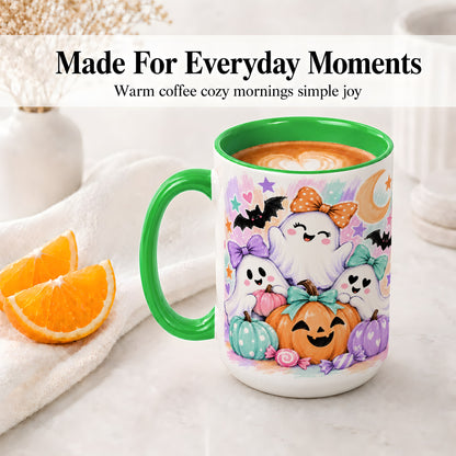 #pl[15oz|Green] Pastel Halloween Ghost Accent Mug with Pumpkin Candy Art for Coffee