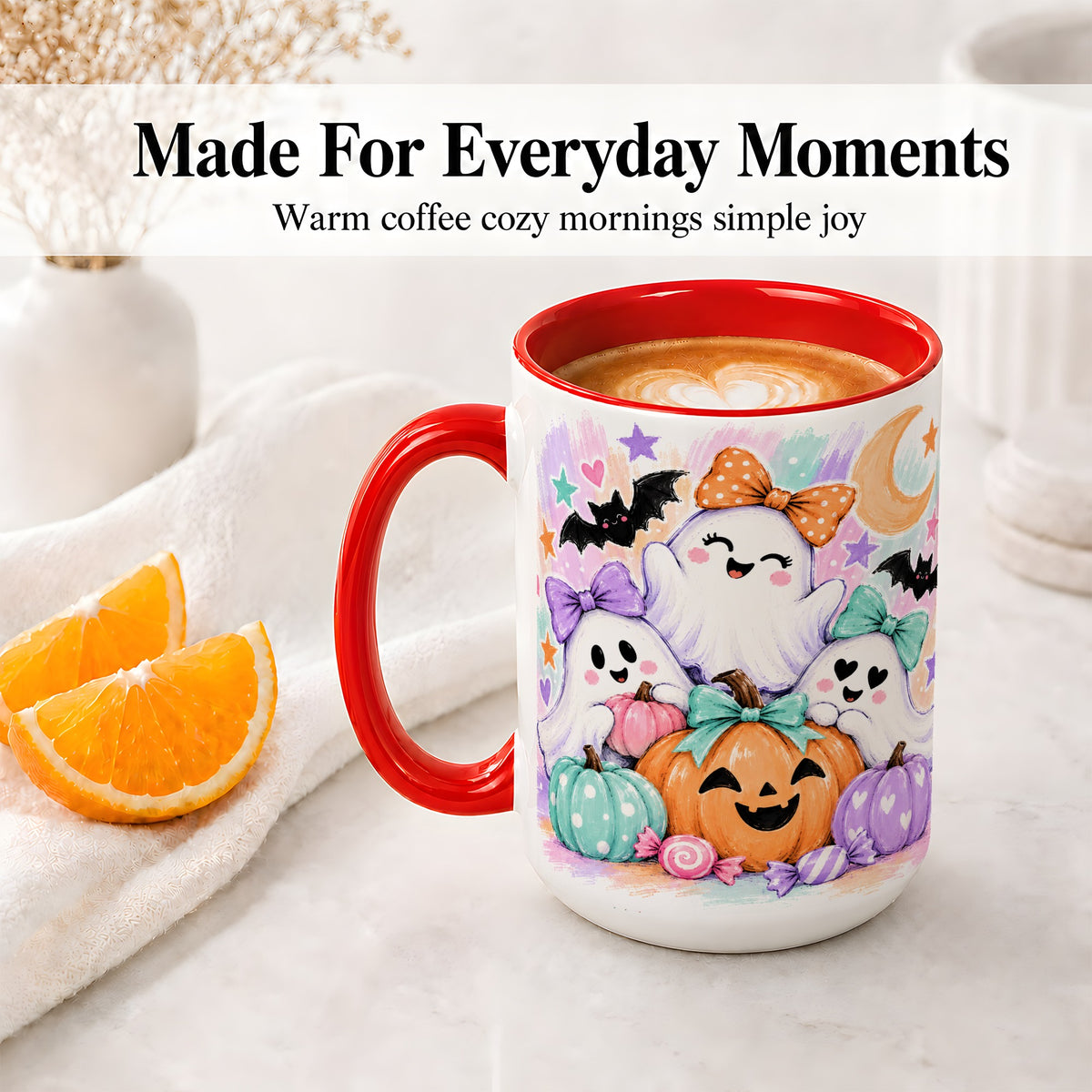 #pl[15oz|Red] Pastel Halloween Ghost Accent Mug with Pumpkin Candy Art for Coffee