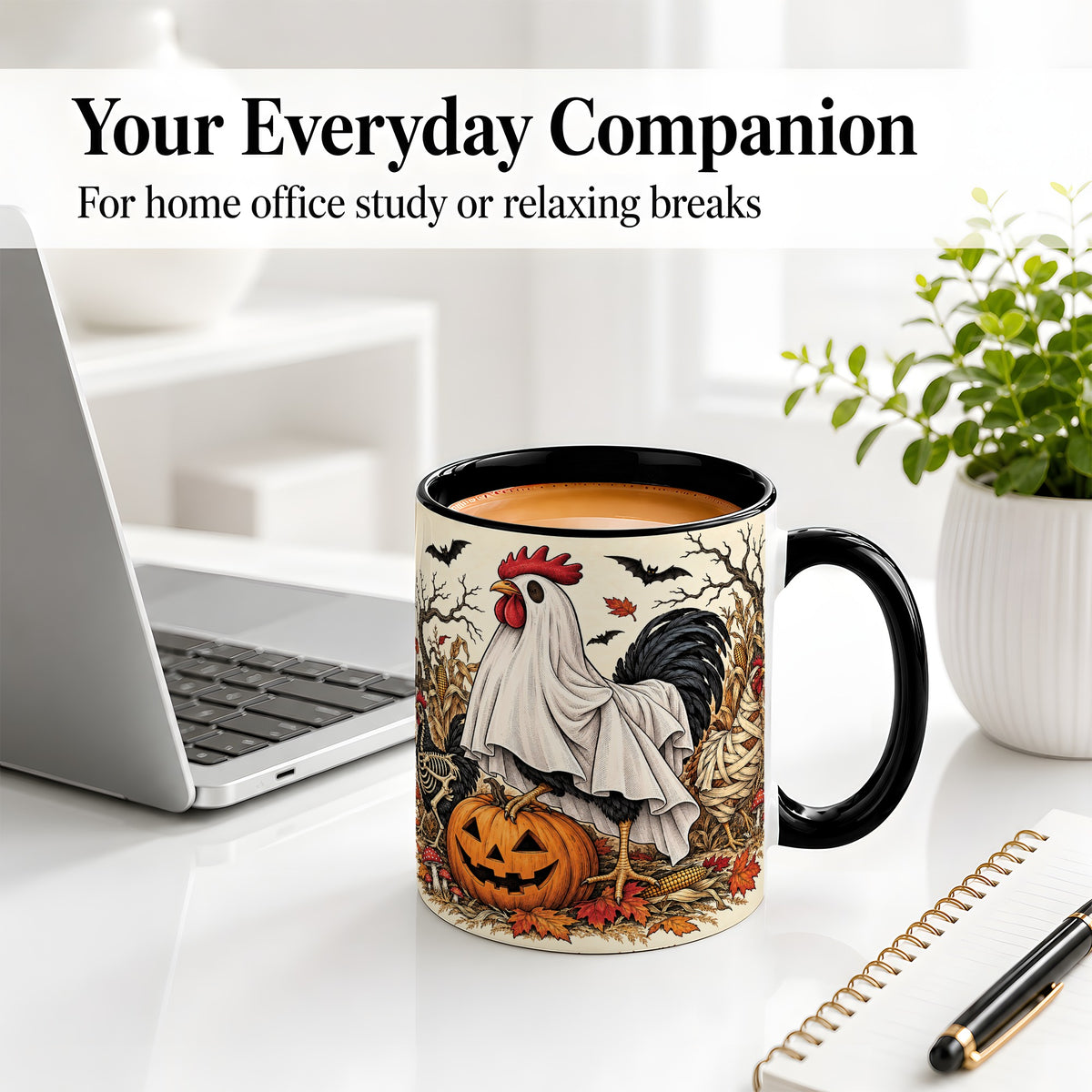#pl[11oz|Black] Halloween Chicken Ceramic Mug, Ghost Pumpkin Autumn Farm Artwork