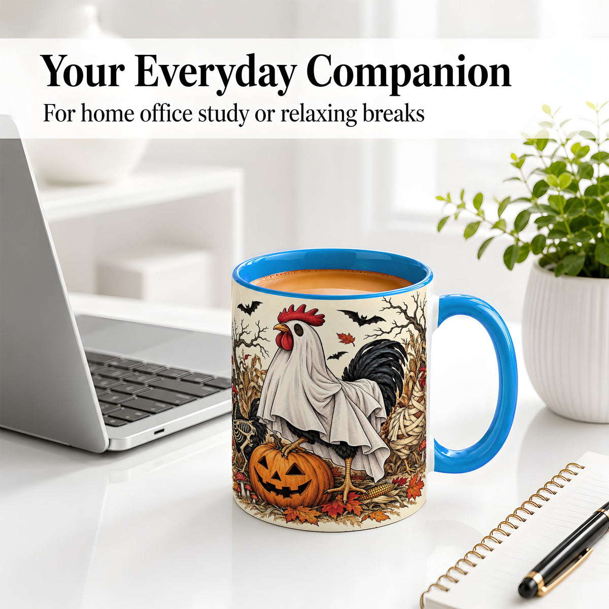 #pl[11oz|Blue] Halloween Chicken Ceramic Mug, Ghost Pumpkin Autumn Farm Artwork