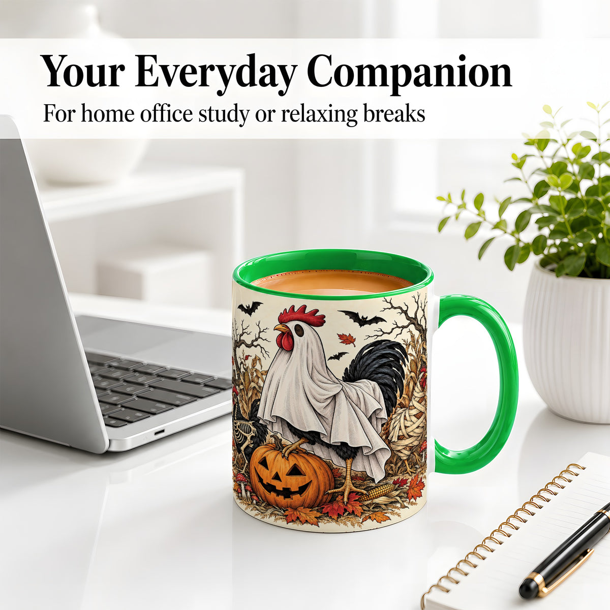 #pl[11oz|Green] Halloween Chicken Ceramic Mug, Ghost Pumpkin Autumn Farm Artwork