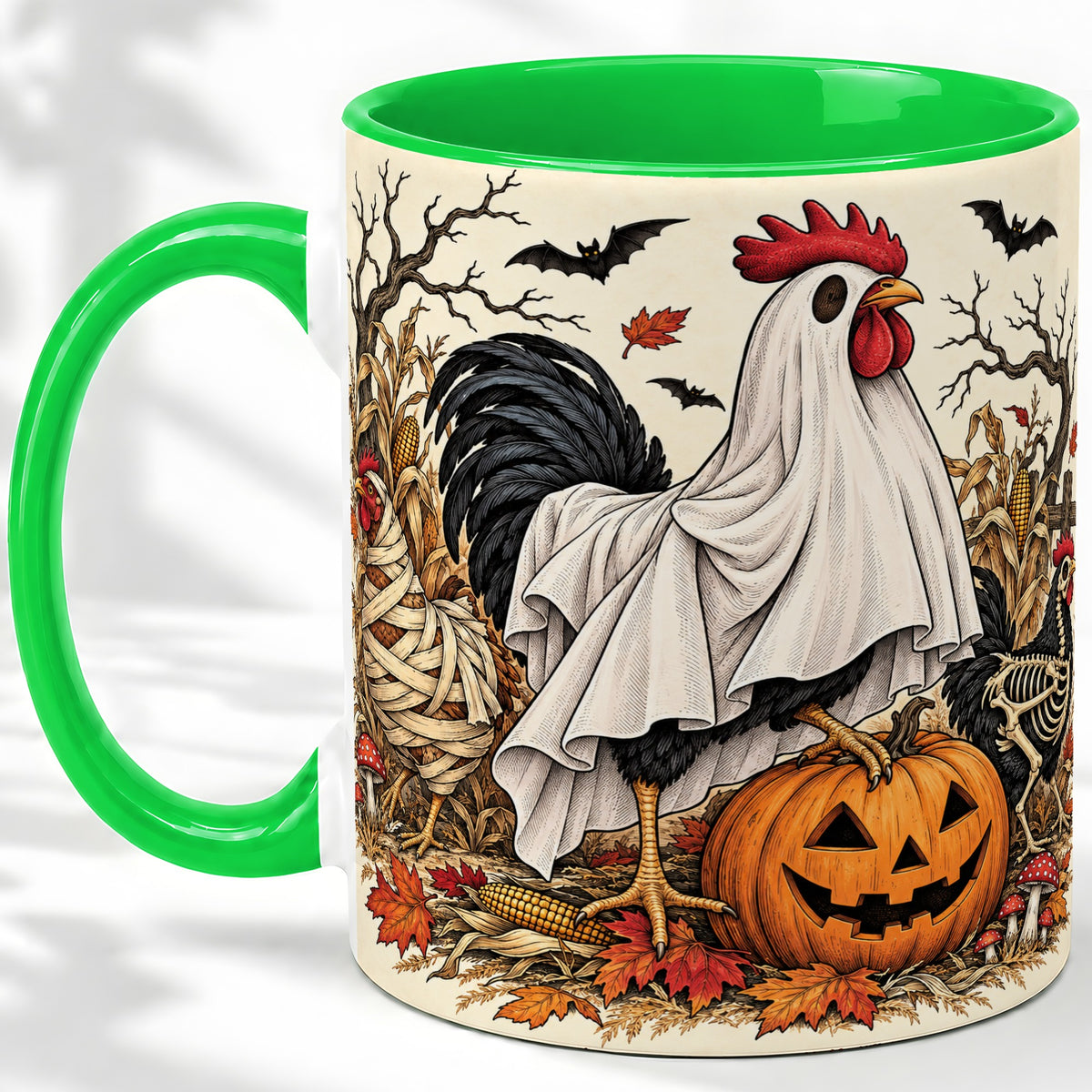 #pl[11oz|Green] Halloween Chicken Ceramic Mug, Ghost Pumpkin Autumn Farm Artwork