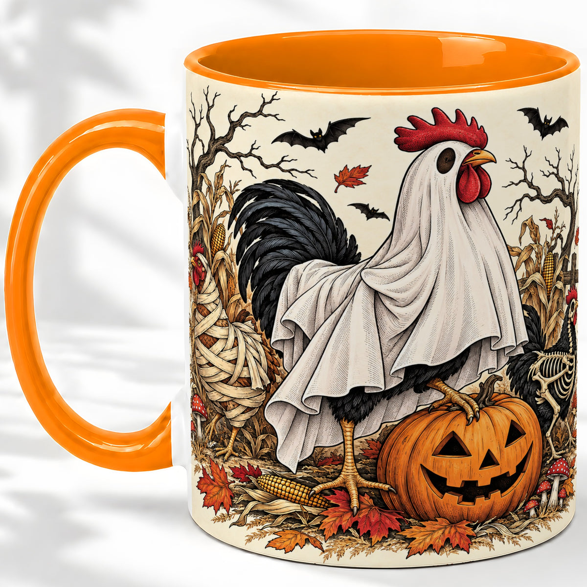#pl[11oz|Orange] Halloween Chicken Ceramic Mug, Ghost Pumpkin Autumn Farm Artwork