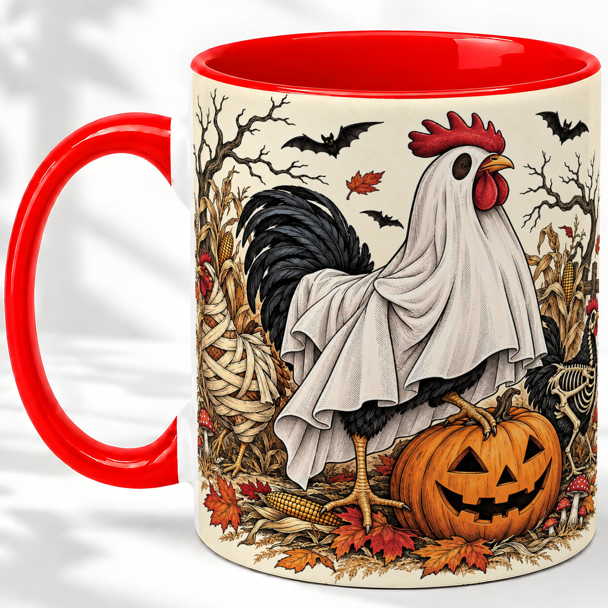 Halloween Chicken Ceramic Mug, Ghost Pumpkin Autumn Farm Artwork