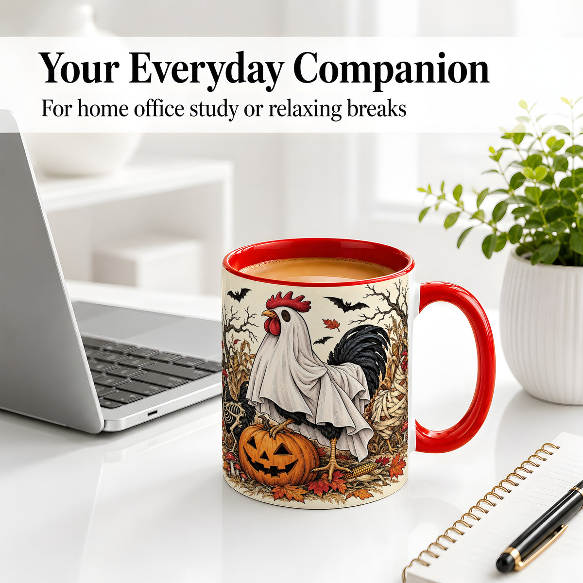 #pl[11oz|Red] Halloween Chicken Ceramic Mug, Ghost Pumpkin Autumn Farm Artwork