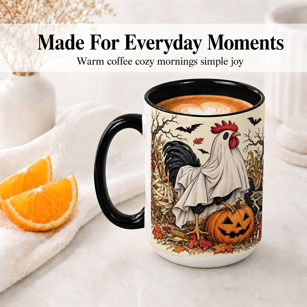 #pl[15oz|Black] Halloween Chicken Ceramic Mug, Ghost Pumpkin Autumn Farm Artwork