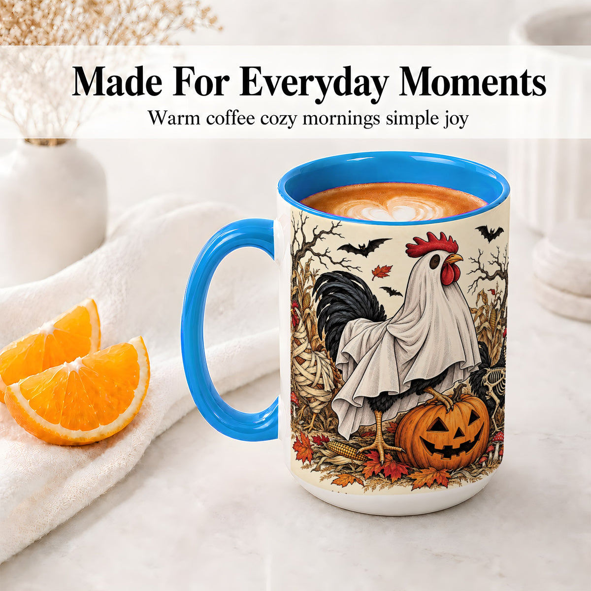 #pl[15oz|Blue] Halloween Chicken Ceramic Mug, Ghost Pumpkin Autumn Farm Artwork