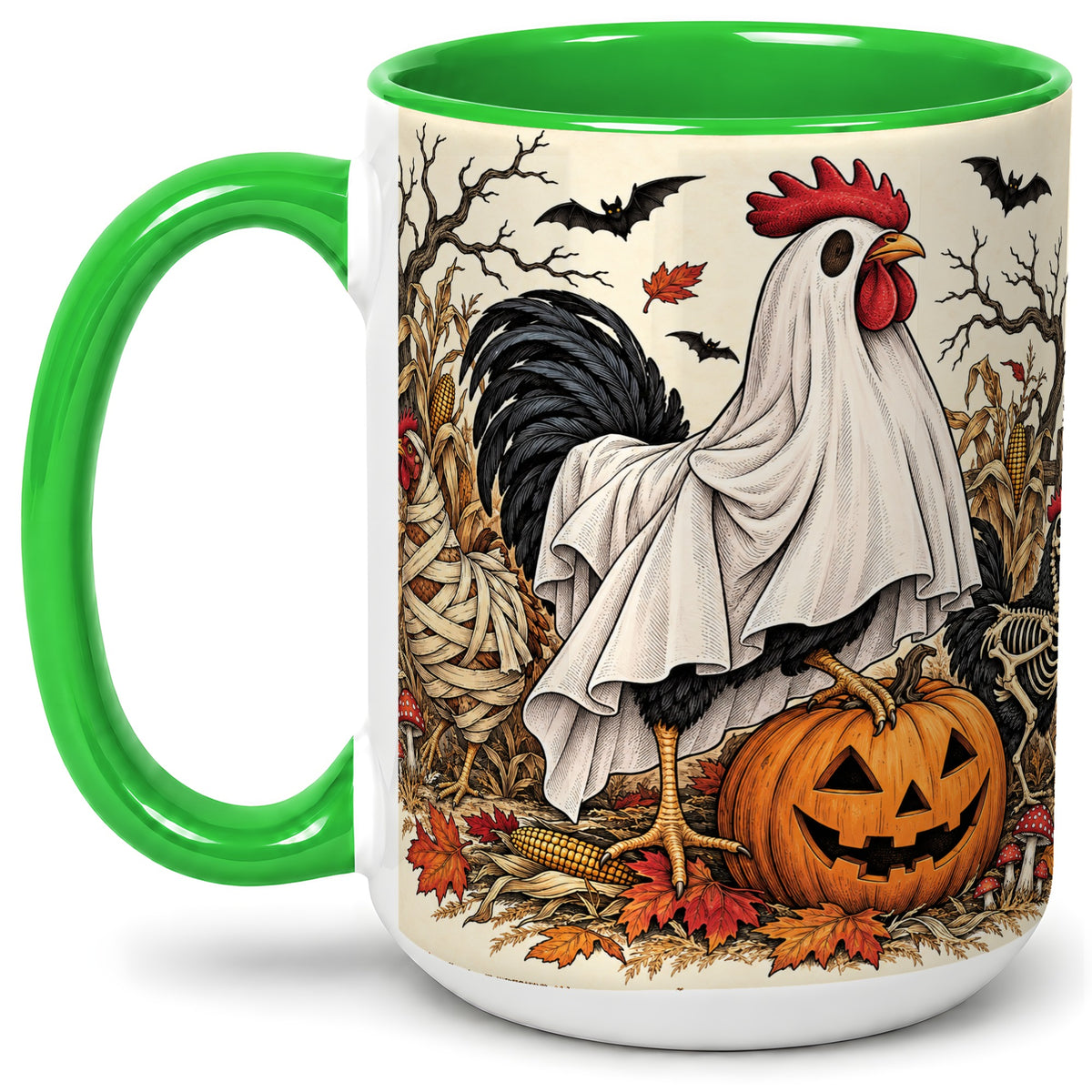 #pl[15oz|Green] Halloween Chicken Ceramic Mug, Ghost Pumpkin Autumn Farm Artwork