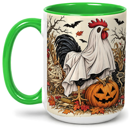 #pl[15oz|Green] Halloween Chicken Ceramic Mug, Ghost Pumpkin Autumn Farm Artwork