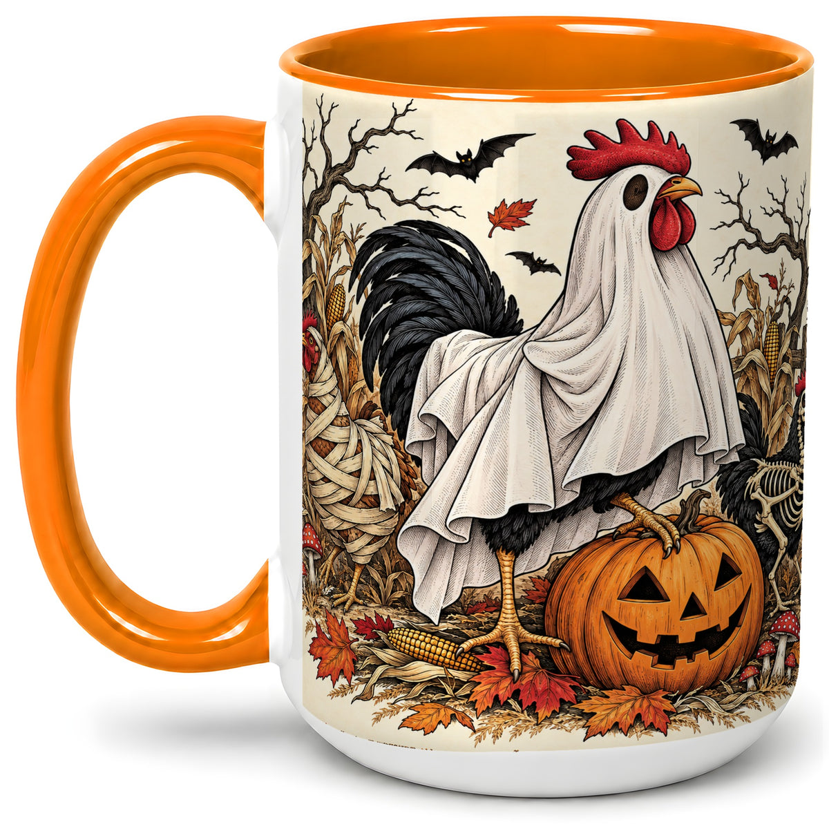 #pl[15oz|Orange] Halloween Chicken Ceramic Mug, Ghost Pumpkin Autumn Farm Artwork