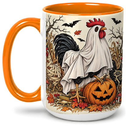 #pl[15oz|Orange] Halloween Chicken Ceramic Mug, Ghost Pumpkin Autumn Farm Artwork