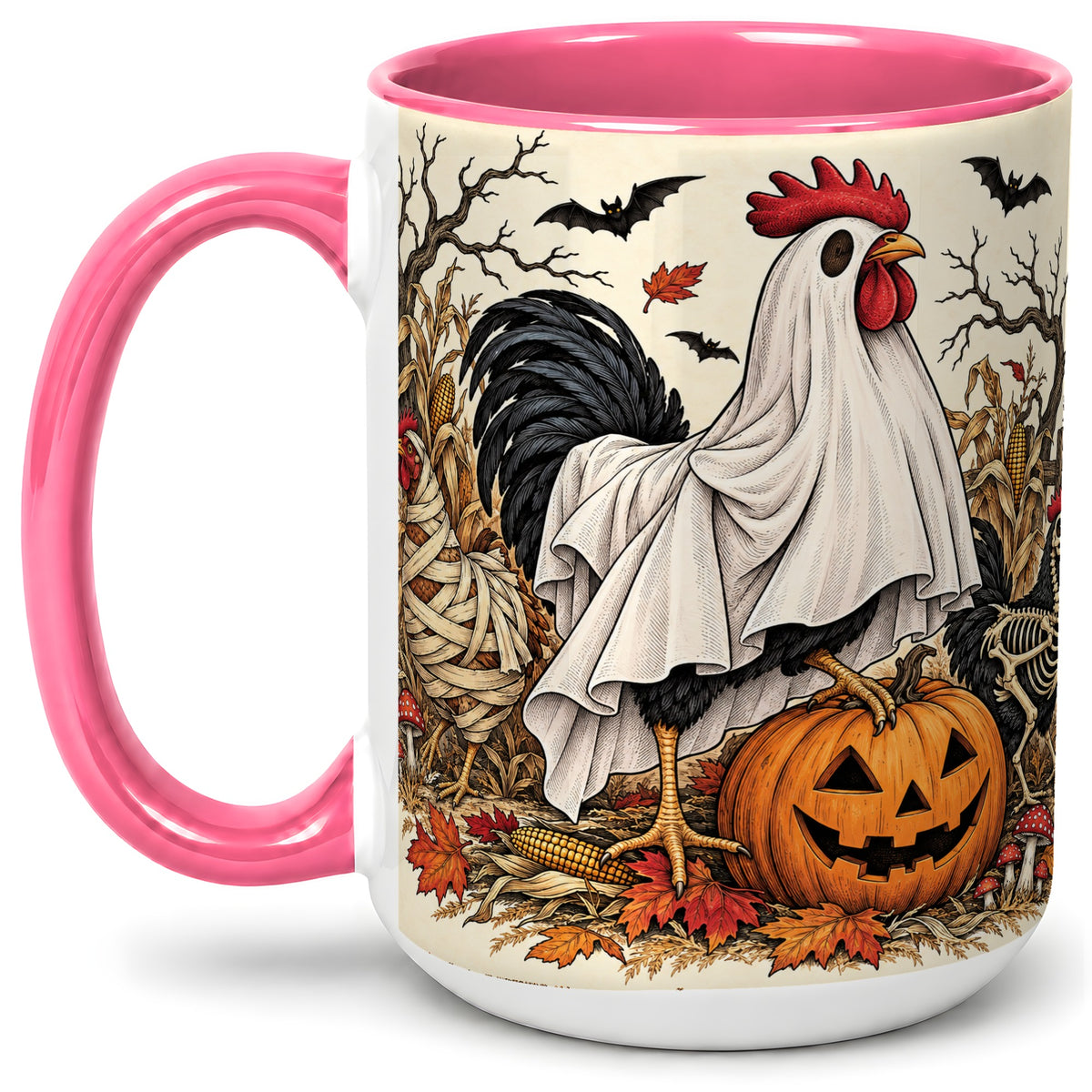 #pl[15oz|Pink] Halloween Chicken Ceramic Mug, Ghost Pumpkin Autumn Farm Artwork