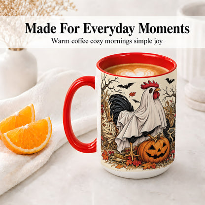 #pl[15oz|Red] Halloween Chicken Ceramic Mug, Ghost Pumpkin Autumn Farm Artwork