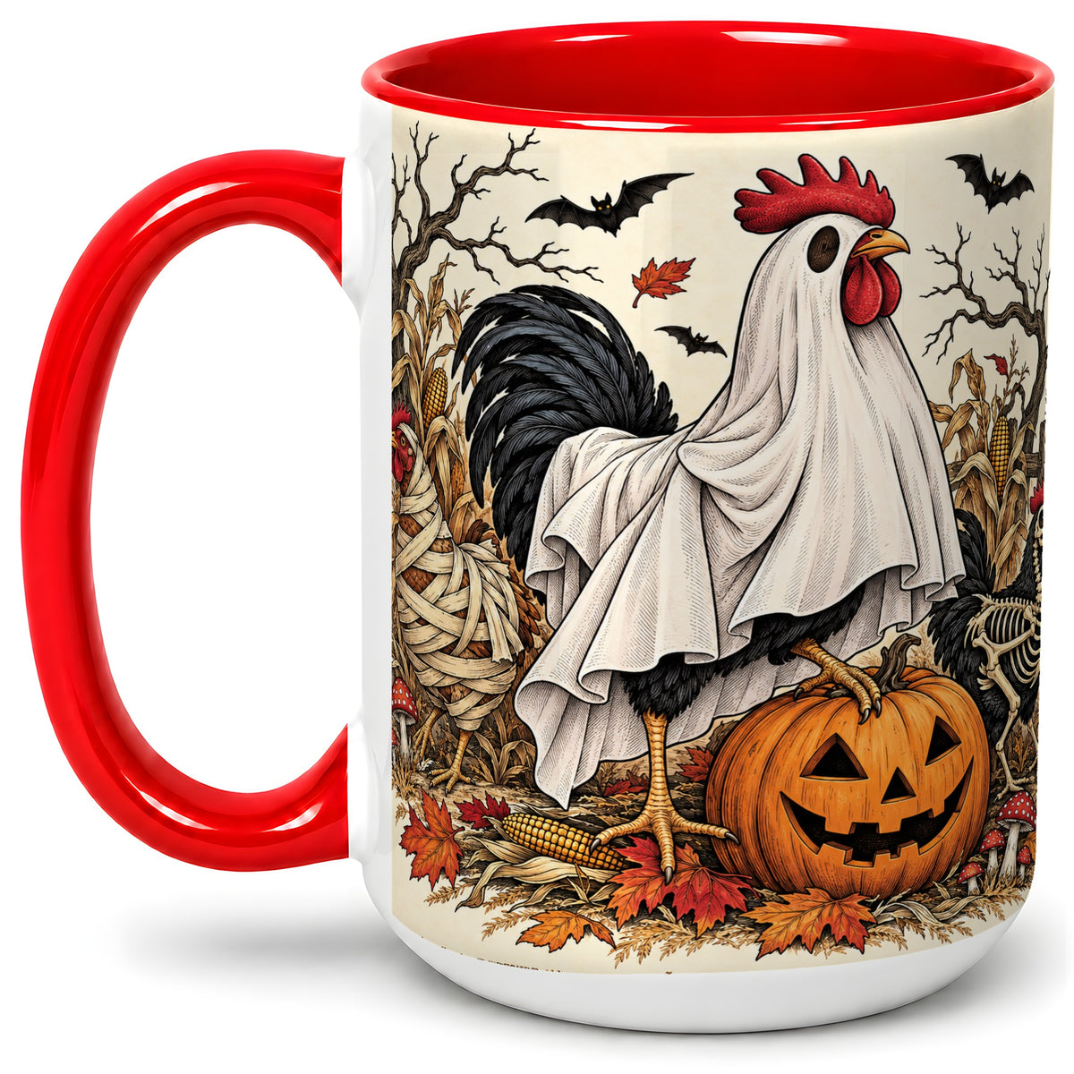 #pl[15oz|Red] Halloween Chicken Ceramic Mug, Ghost Pumpkin Autumn Farm Artwork