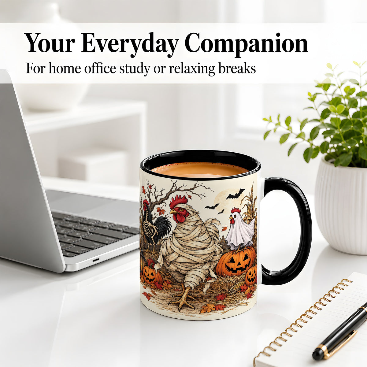#pl[11oz|Black] Mummy Chicken Halloween Ceramic Mug, Pumpkin Cornfield Fall Artwork