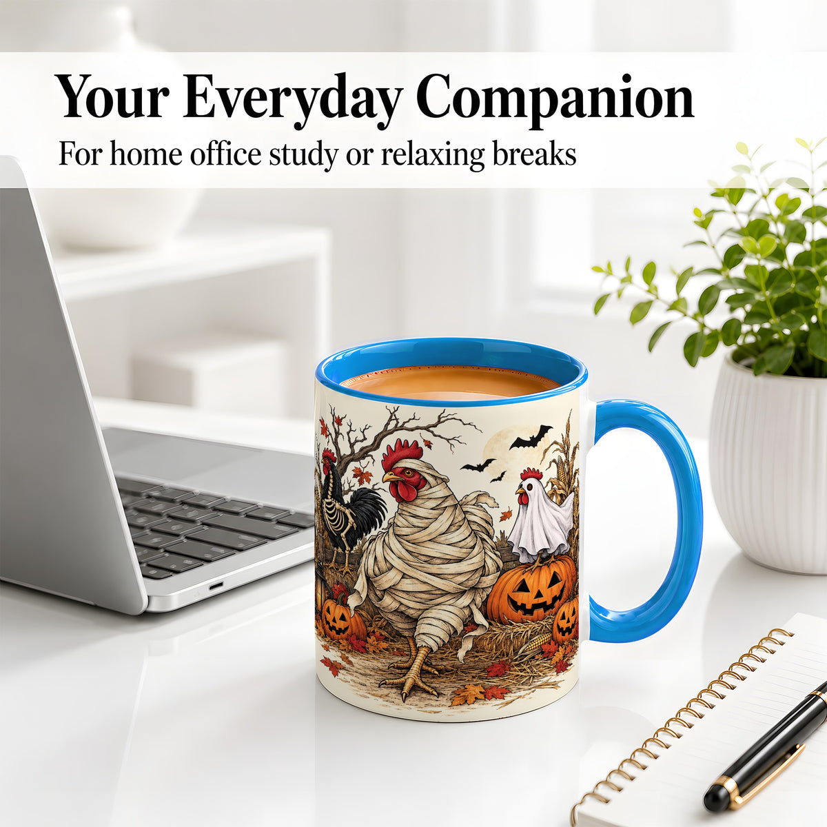 #pl[11oz|Blue] Mummy Chicken Halloween Ceramic Mug, Pumpkin Cornfield Fall Artwork