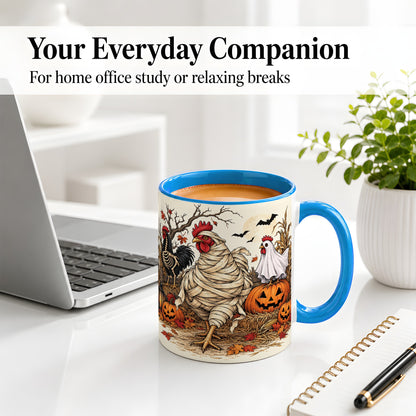 #pl[11oz|Blue] Mummy Chicken Halloween Ceramic Mug, Pumpkin Cornfield Fall Artwork