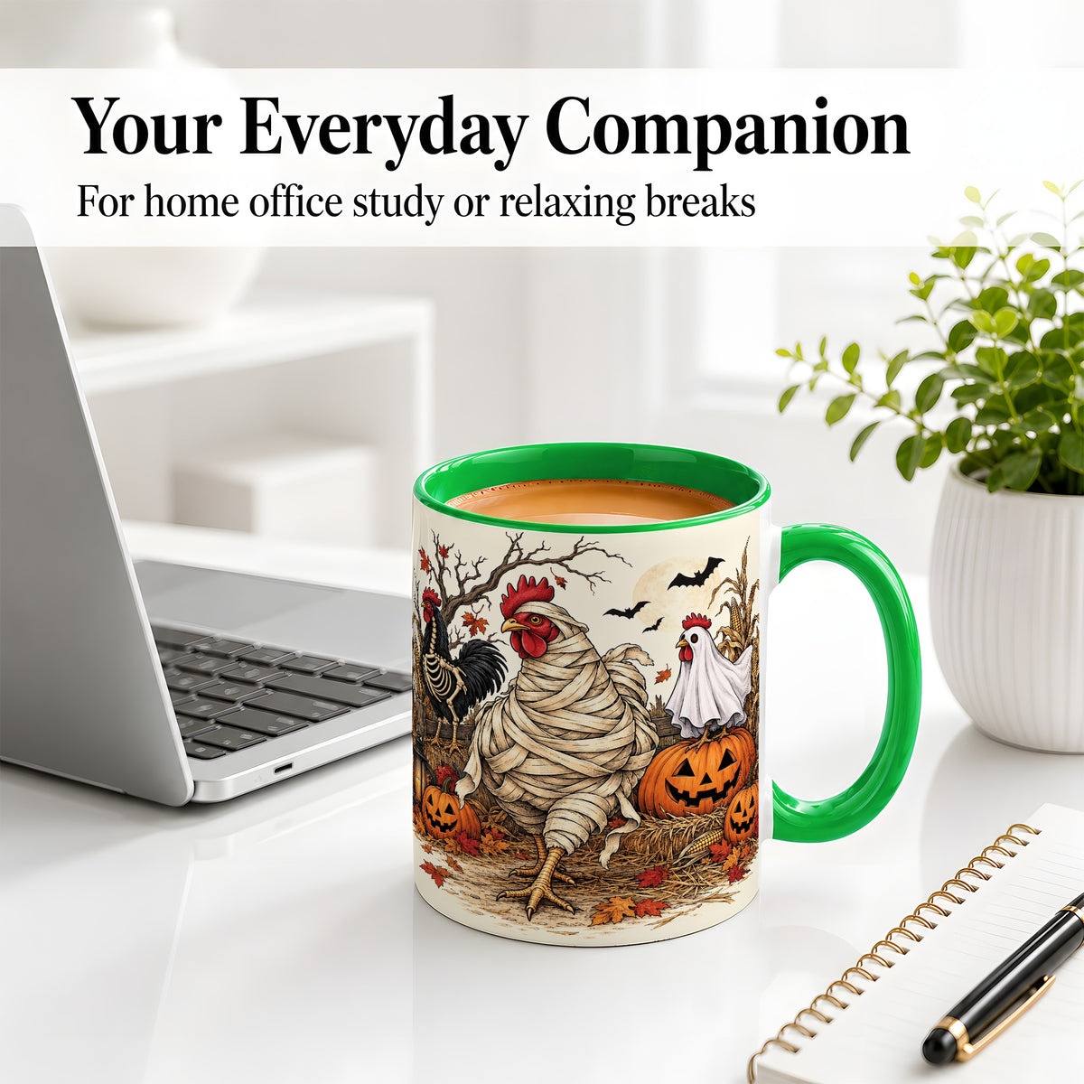 #pl[11oz|Green] Mummy Chicken Halloween Ceramic Mug, Pumpkin Cornfield Fall Artwork