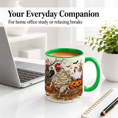 #pl[11oz|Green] Mummy Chicken Halloween Ceramic Mug, Pumpkin Cornfield Fall Artwork