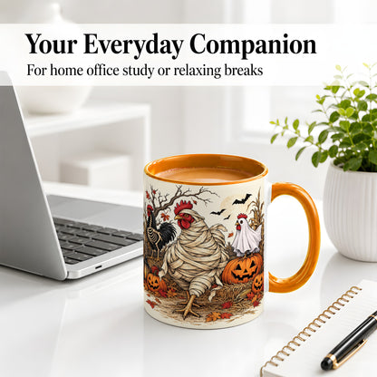 #pl[11oz|Orange] Mummy Chicken Halloween Ceramic Mug, Pumpkin Cornfield Fall Artwork