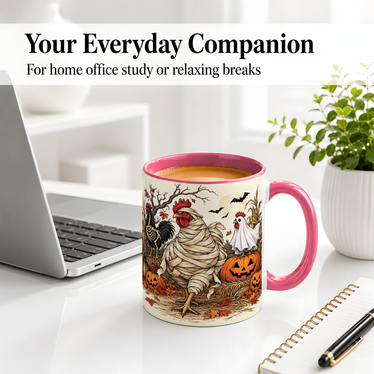#pl[11oz|Pink] Mummy Chicken Halloween Ceramic Mug, Pumpkin Cornfield Fall Artwork