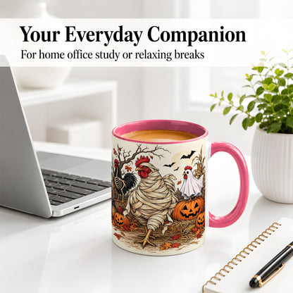 #pl[11oz|Pink] Mummy Chicken Halloween Ceramic Mug, Pumpkin Cornfield Fall Artwork
