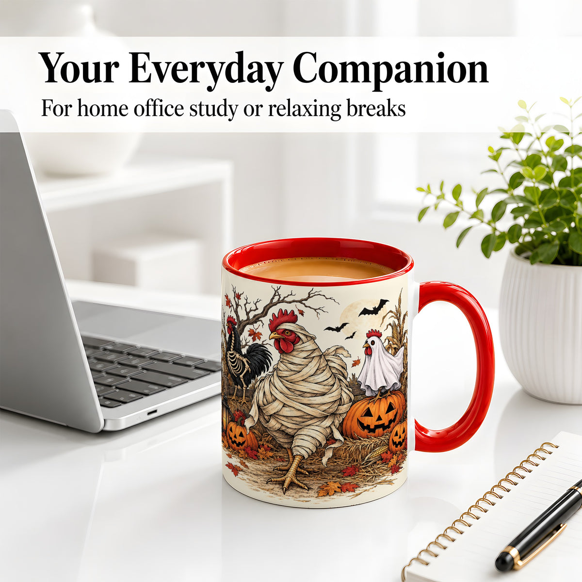 #pl[11oz|Red] Mummy Chicken Halloween Ceramic Mug, Pumpkin Cornfield Fall Artwork