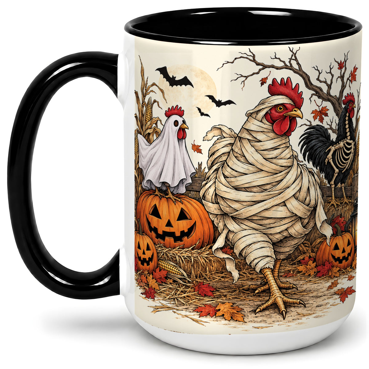 #pl[15oz|Black] Mummy Chicken Halloween Ceramic Mug, Pumpkin Cornfield Fall Artwork