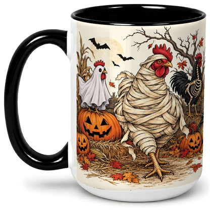 #pl[15oz|Black] Mummy Chicken Halloween Ceramic Mug, Pumpkin Cornfield Fall Artwork
