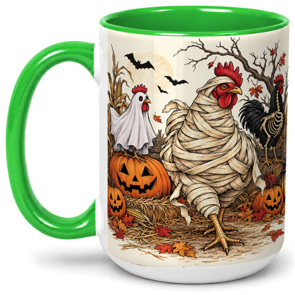#pl[15oz|Green] Mummy Chicken Halloween Ceramic Mug, Pumpkin Cornfield Fall Artwork