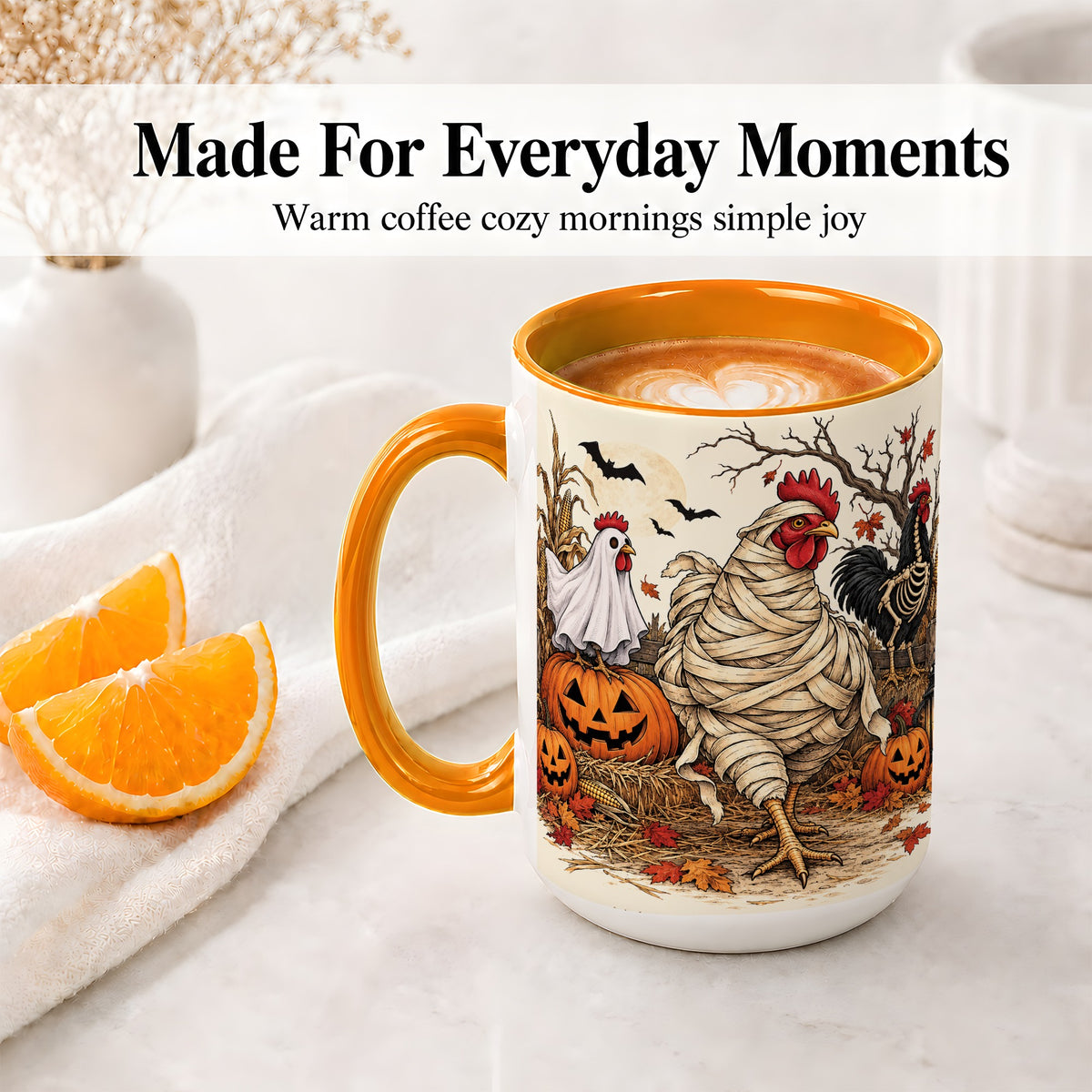 #pl[15oz|Orange] Mummy Chicken Halloween Ceramic Mug, Pumpkin Cornfield Fall Artwork