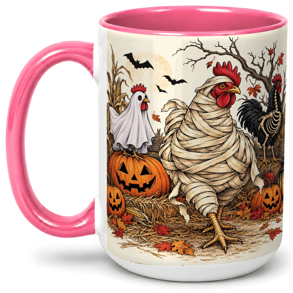 #pl[15oz|Pink] Mummy Chicken Halloween Ceramic Mug, Pumpkin Cornfield Fall Artwork
