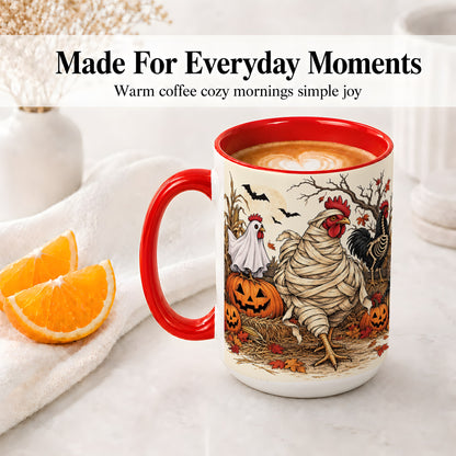 #pl[15oz|Red] Mummy Chicken Halloween Ceramic Mug, Pumpkin Cornfield Fall Artwork
