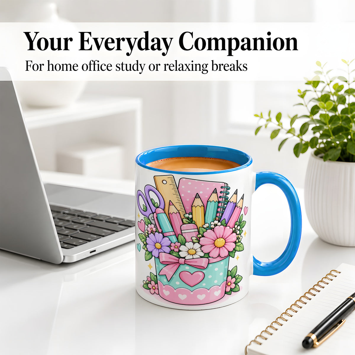 #pl[11oz|Blue] Pastel School Supplies Ceramic Mug, Floral Pencil Classroom Art
