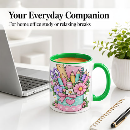 #pl[11oz|Green] Pastel School Supplies Ceramic Mug, Floral Pencil Classroom Art