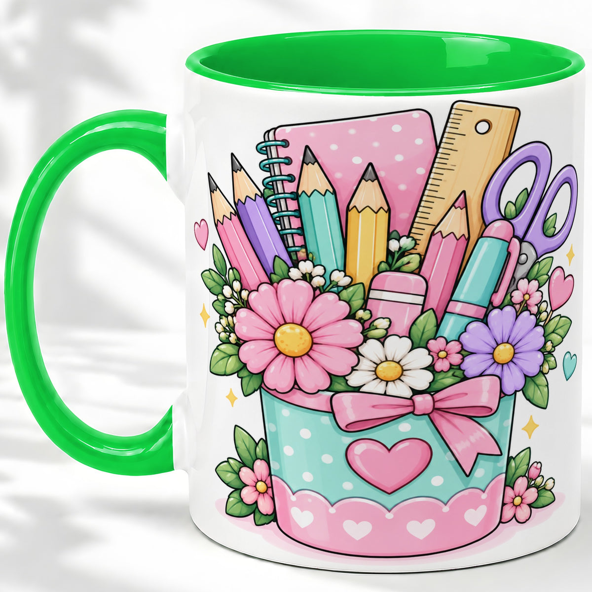 #pl[11oz|Green] Pastel School Supplies Ceramic Mug, Floral Pencil Classroom Art