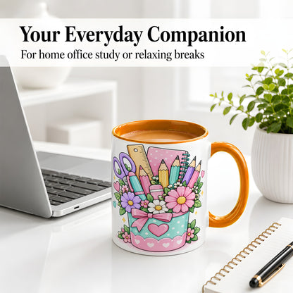 #pl[11oz|Orange] Pastel School Supplies Ceramic Mug, Floral Pencil Classroom Art