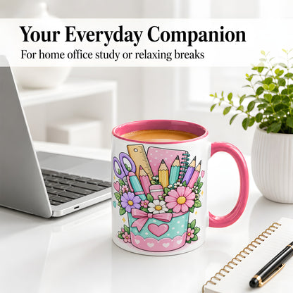 #pl[11oz|Pink] Pastel School Supplies Ceramic Mug, Floral Pencil Classroom Art